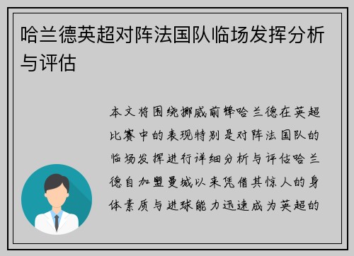 哈兰德英超对阵法国队临场发挥分析与评估